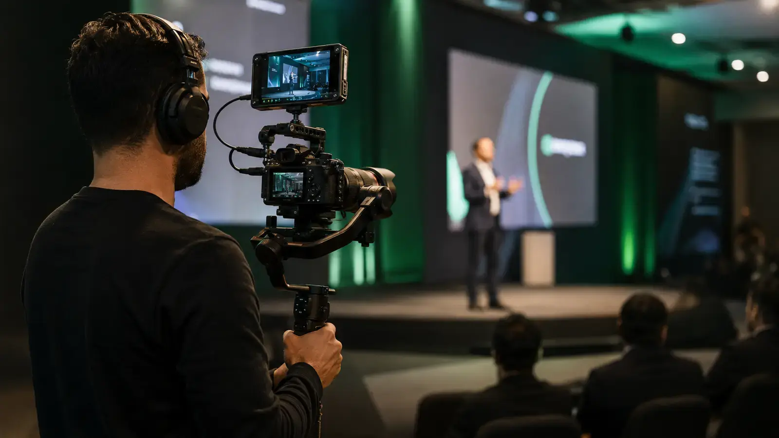 Profissional filmando uma apresentação em um evento corporativo