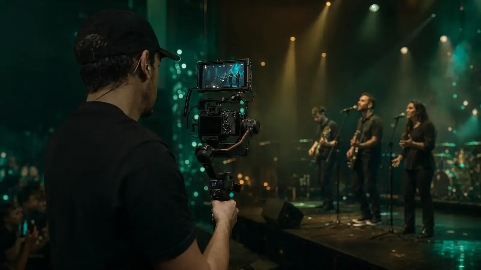 Operador de câmera profissional realizando a captação de um show ao vivo